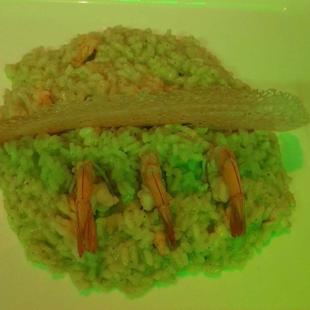 risotto con crema de zuccini y camarones