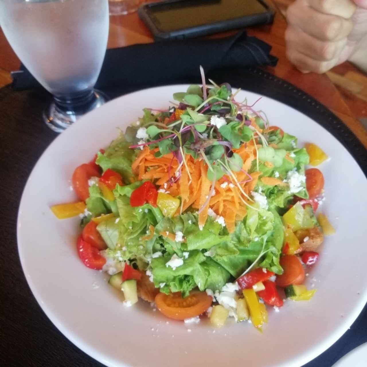 ensalada con lechugas hidropónica y queso de cabra