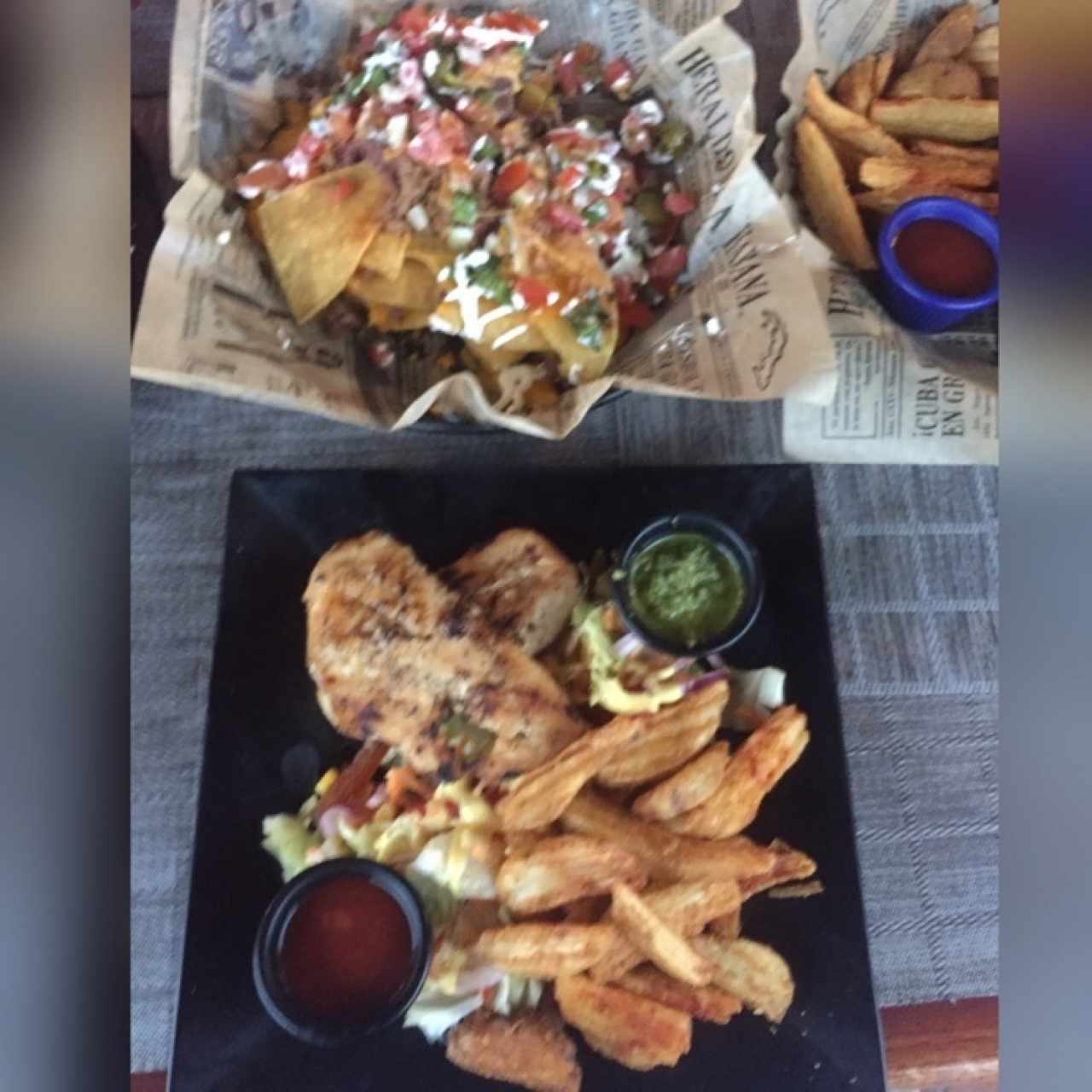 nachos, filete de pollo al horno