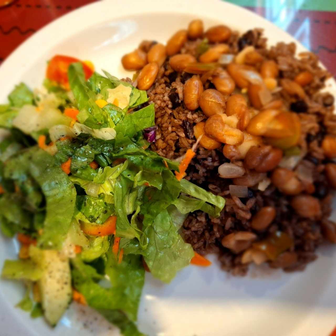 Arroz moro, porotos y ensalada de vegetales 