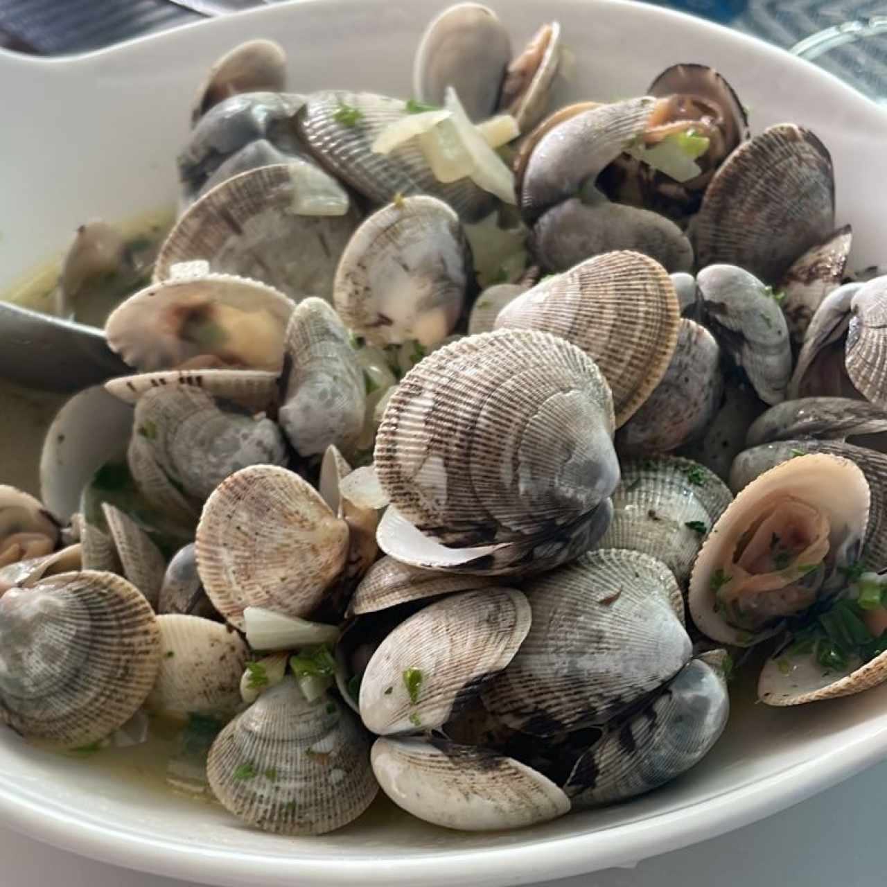 Almejas a la Marinera servidas con Pan tibio