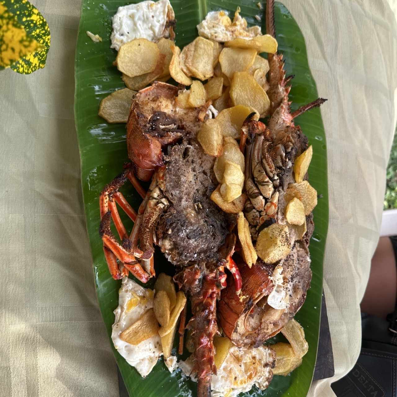 Langosta frita con huevo y papas 