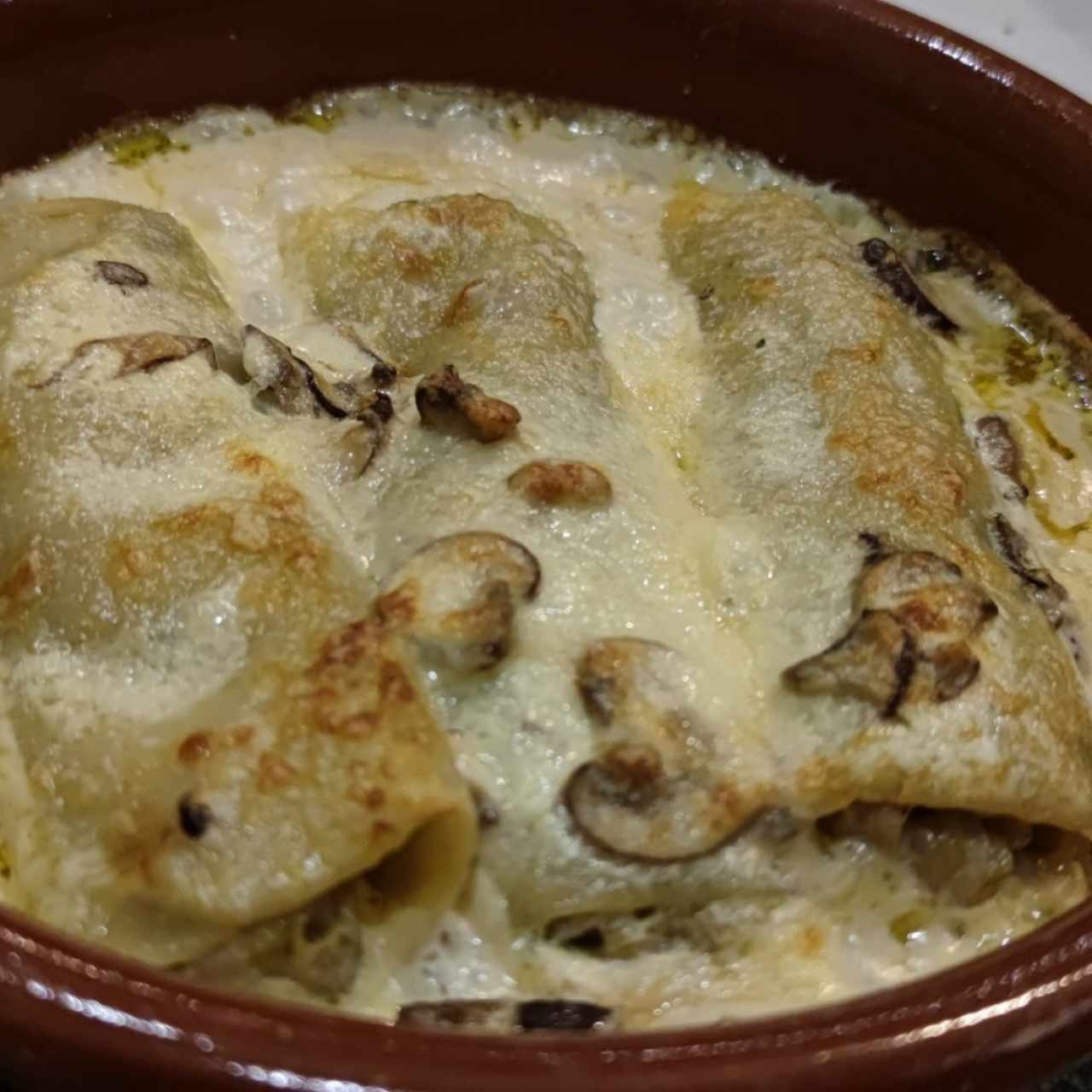 Canelones de cochinillo en salsa bechamel