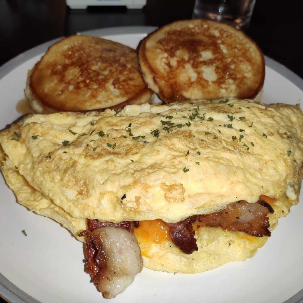 Bacon/Cheddar Omelette and Pancakes