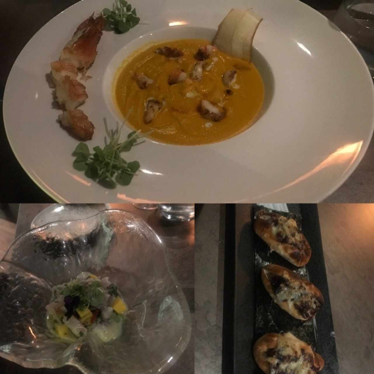 entradas bizque de zanahoria y langostino, ceviche de corvina y extraña como enpanada