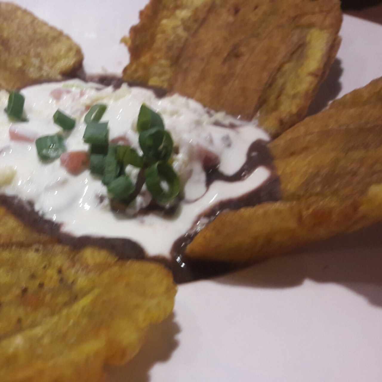 Patacones con frijoles, queso crema y pico de gallo