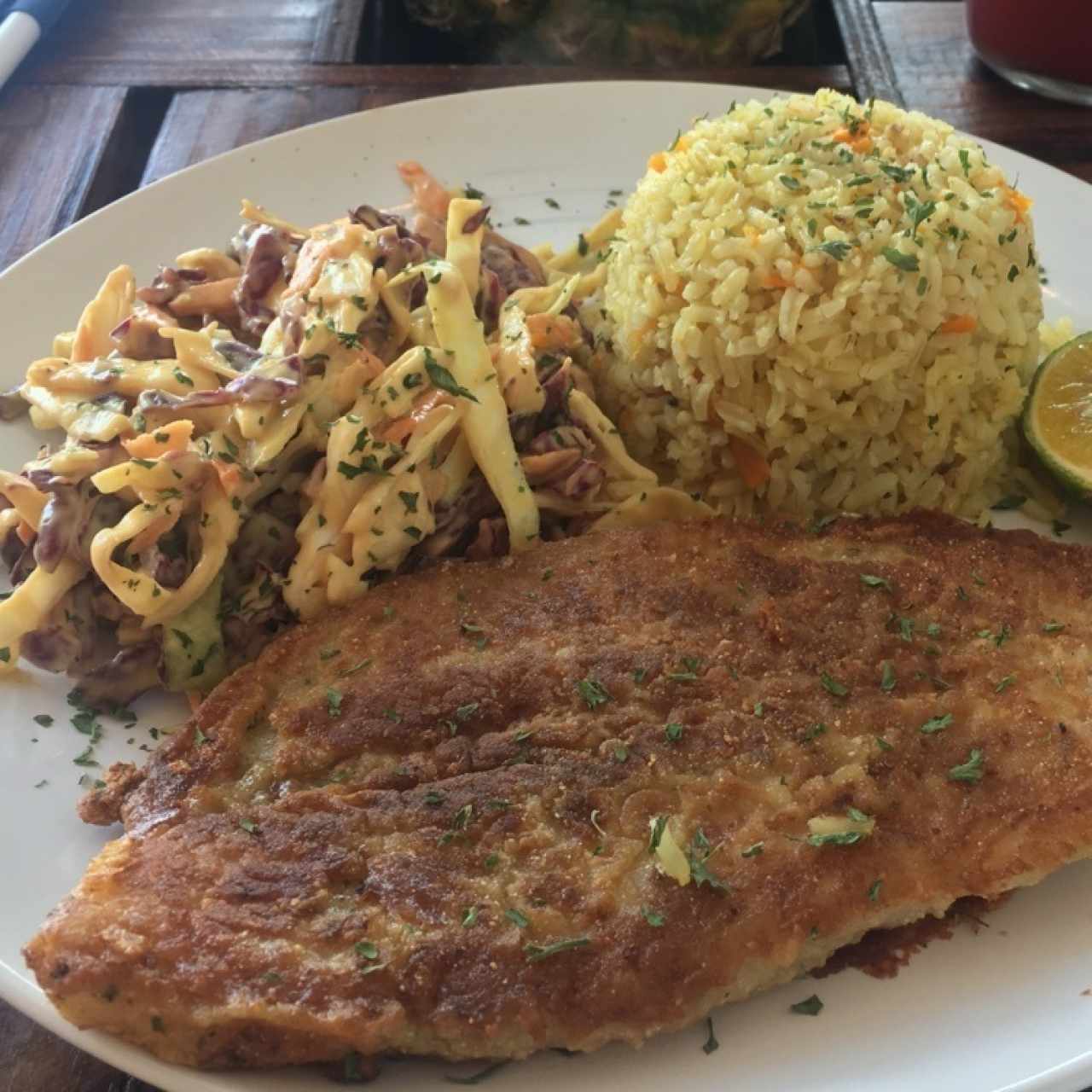 Filete de pescado, con arroz y ensalada de repollo