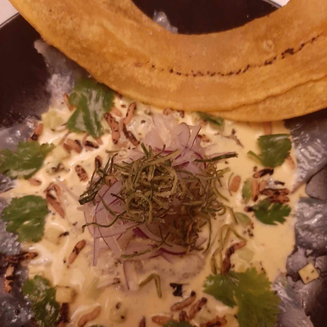 Ceviche de Cobia en Leche Tigre de Ají Amarillo, Aguacate, Puerro y Chips de Plátano