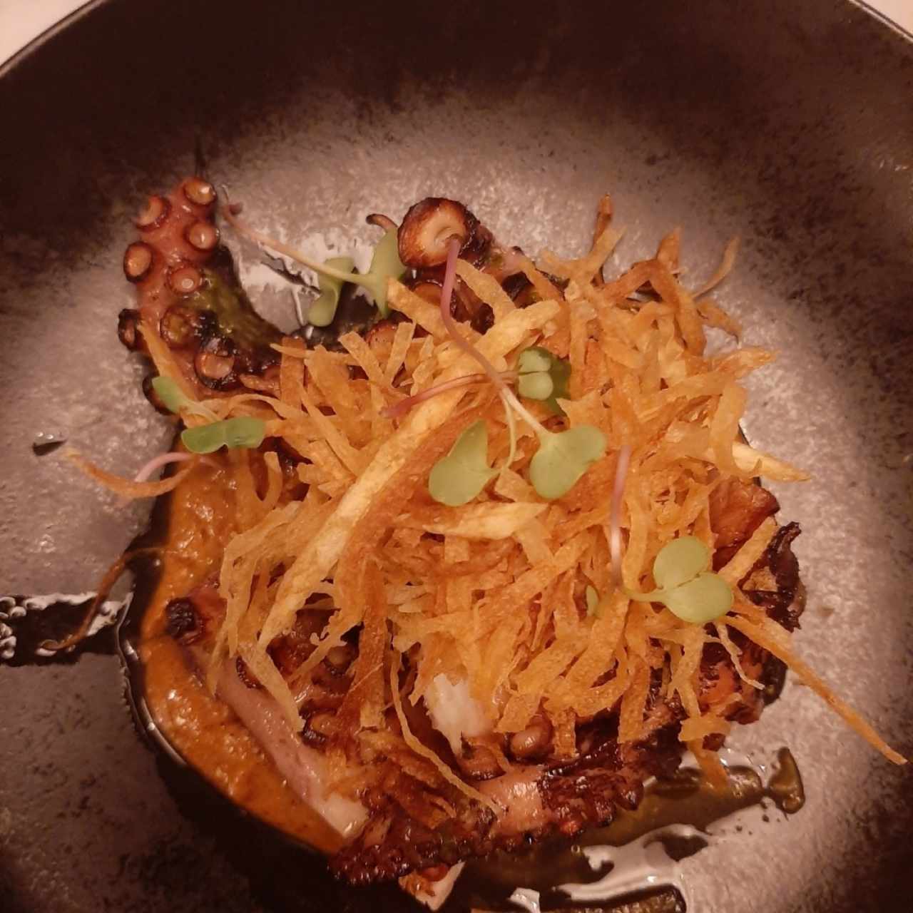 Pulpo al carbón, Salsa Romesco, Chimichurri y Papas Cerillas con Pimentón de la Vera