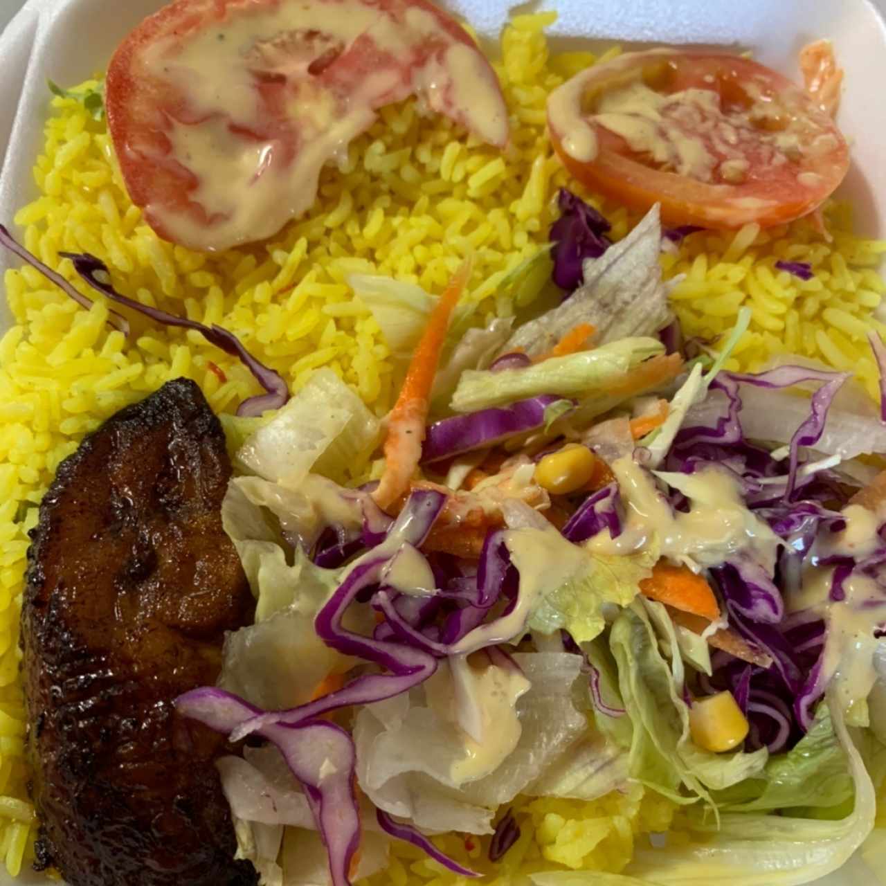 Arroz con Curcuma y Guisantes, Ensalada Jardinera y Plátanos 