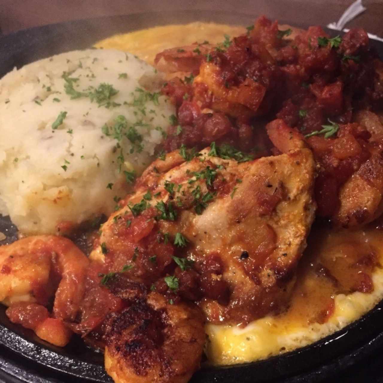 Sizzling Cheesy Chicken and Shrimp