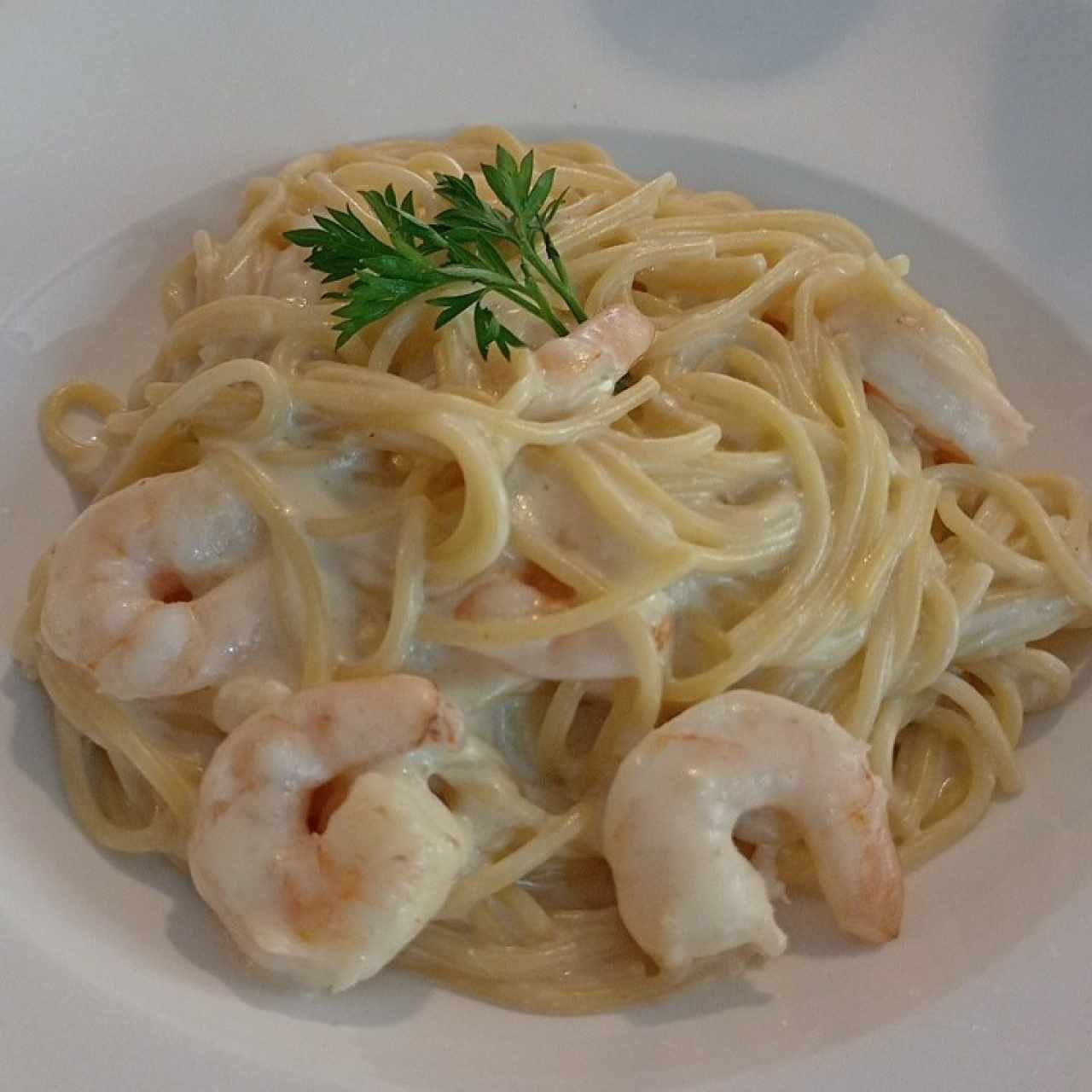 Spaghetti con Camarones en salsa blanca