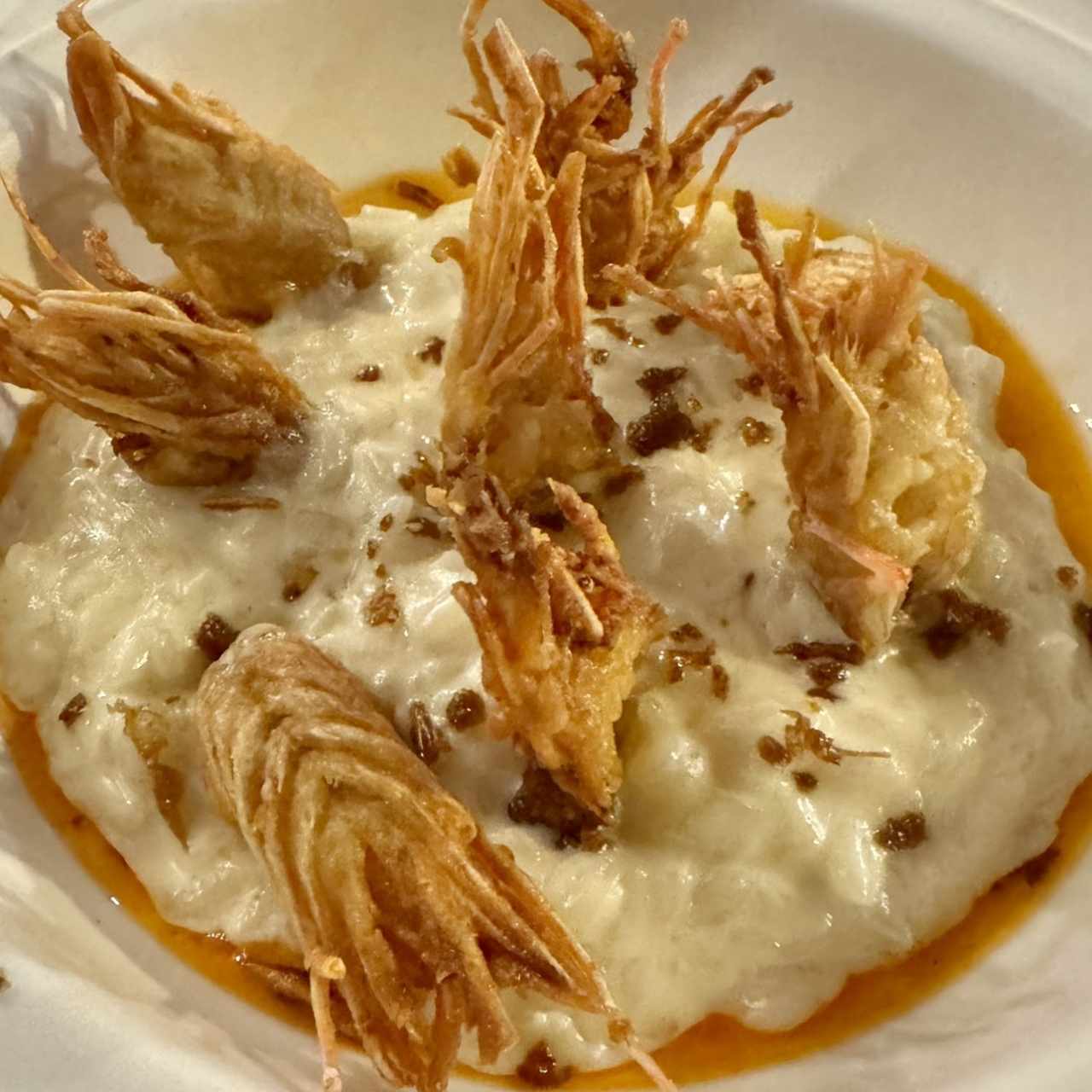 Chicharrón de Langostinos con Meloso de Manchego