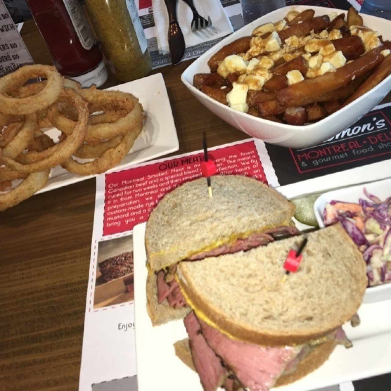 Onion rings, beef traditional sand., poutine with gravy 