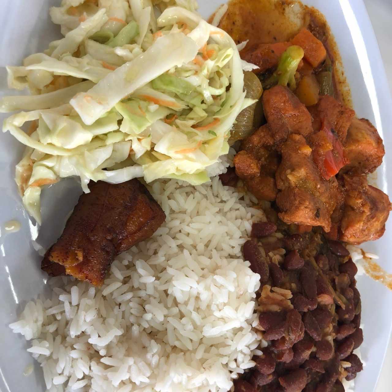 Puerco guisado con porotos y arroz blanco