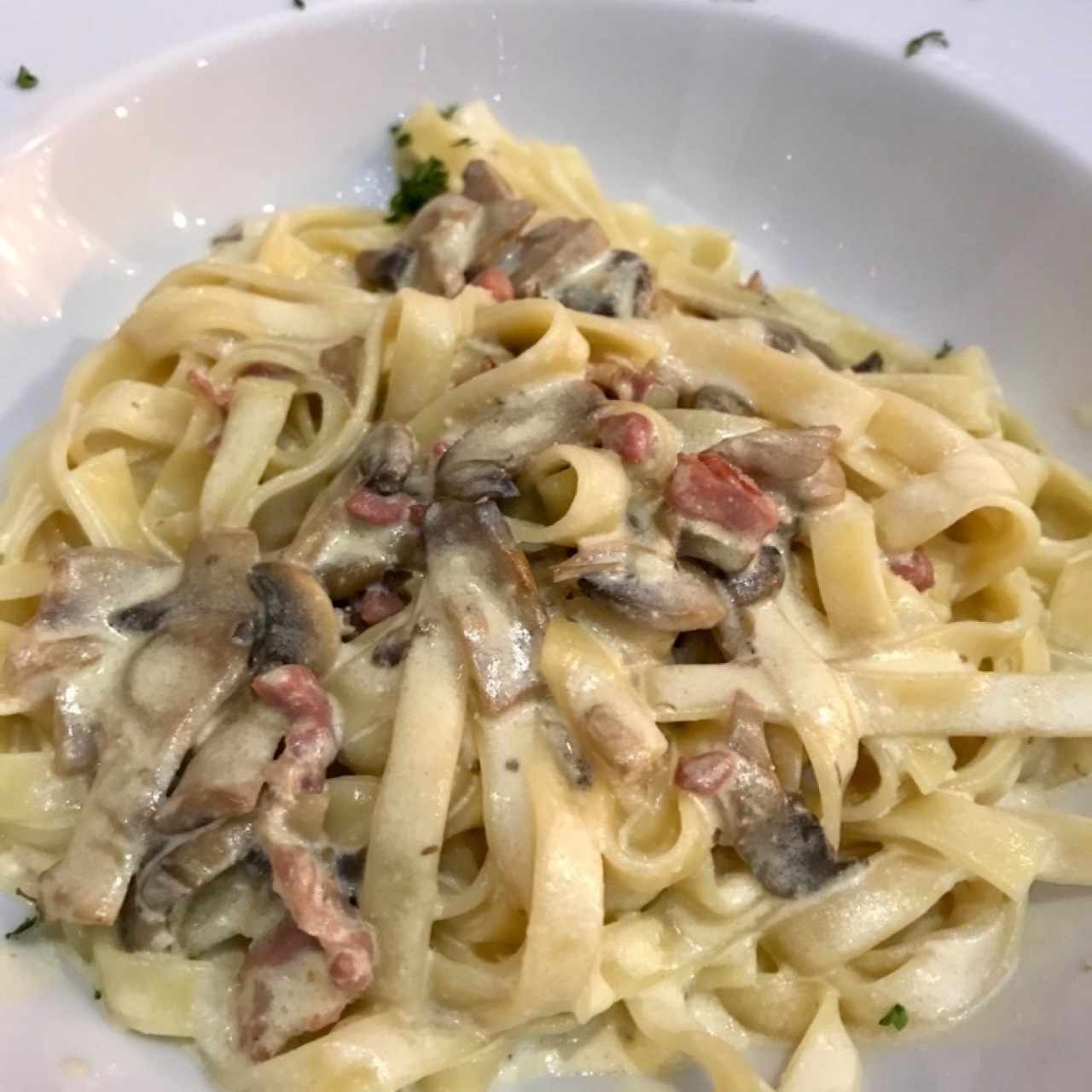 Fetuccini con prorcinni, hongos y que parmesano