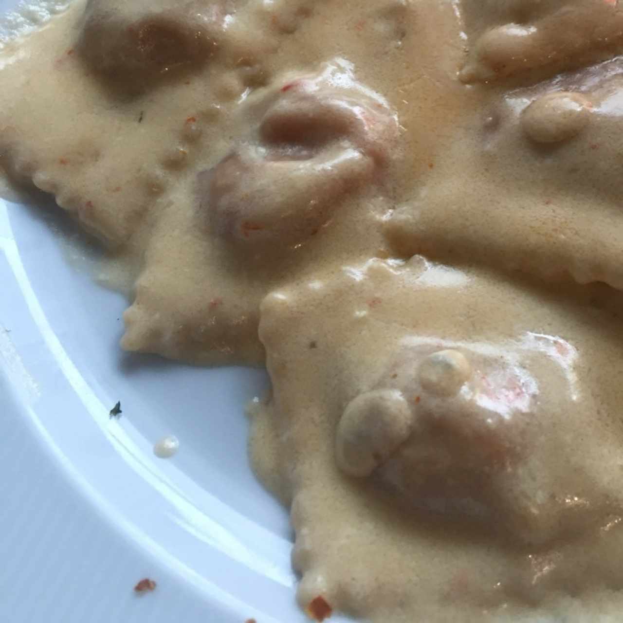 ravioli con queso de cabra y tomates secos, en salsa cuatro quesos 