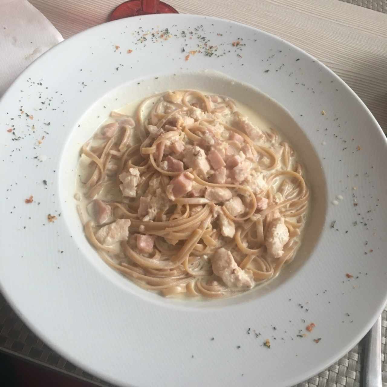 espaghetti integral alfredo con pollo