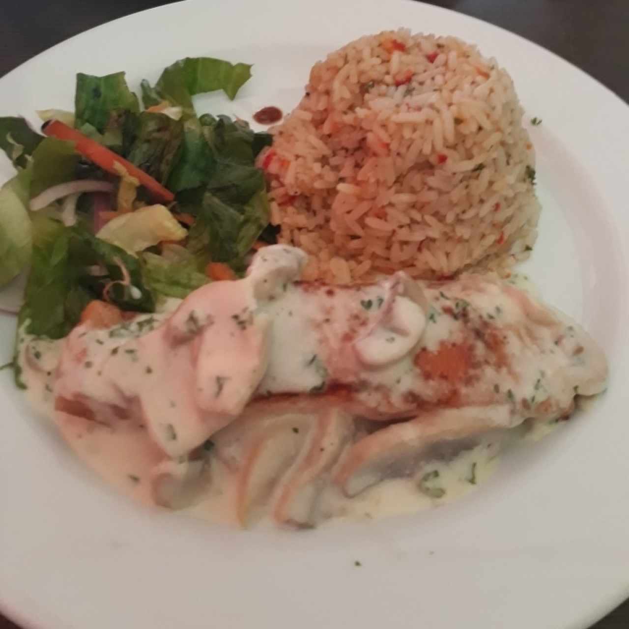 Salmón en salsa Mignon con arroz pencas y ensalada de vegetales