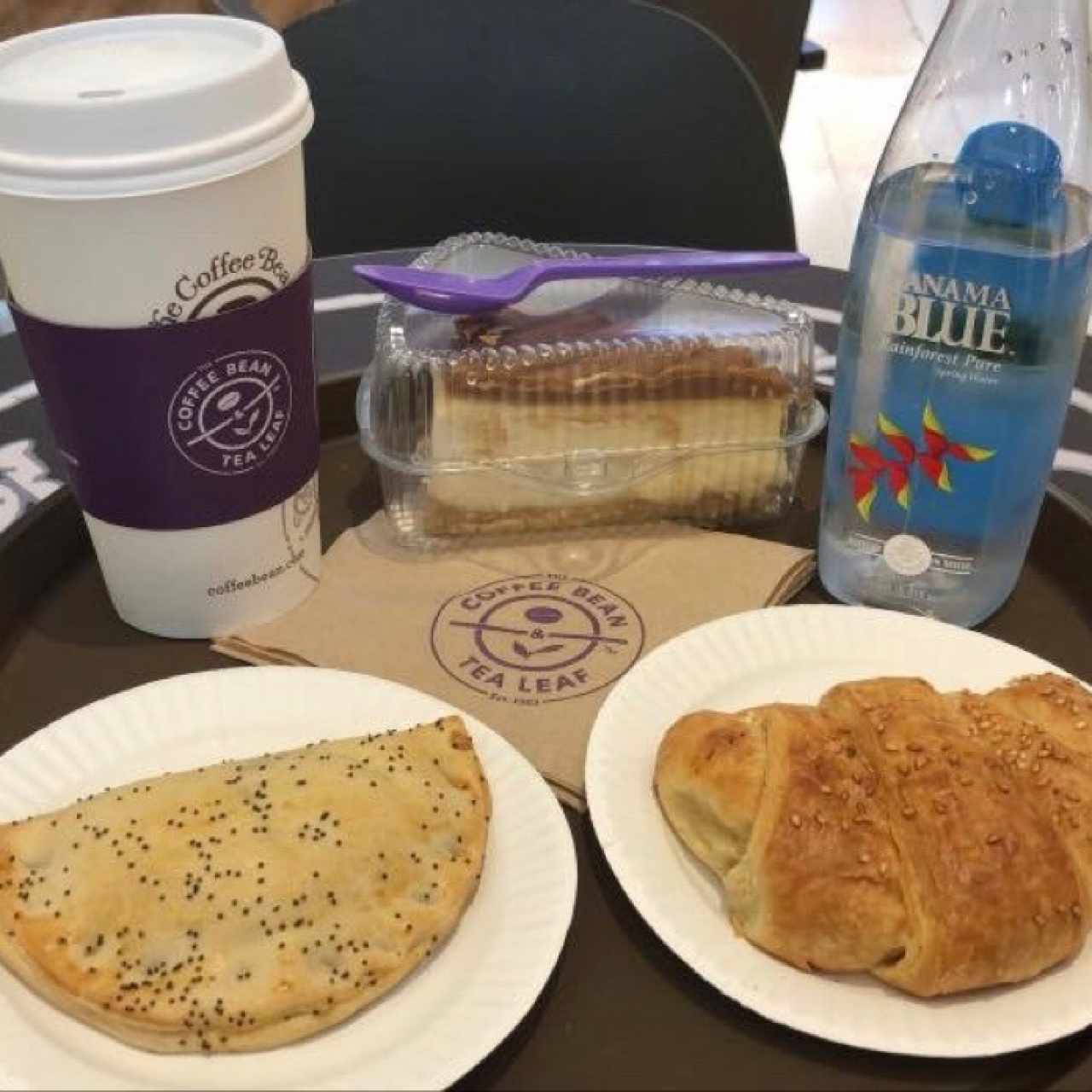 Coffee, Cake, Water, Empanadas and Croissant! 