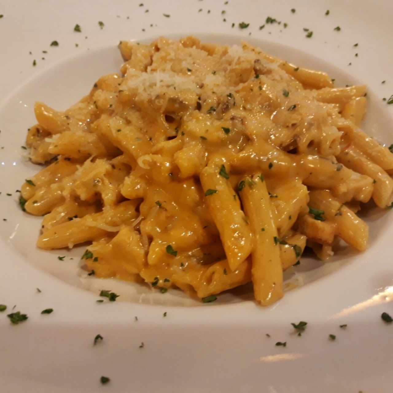 Penne con pollo y champiñones en salsa Alfredo