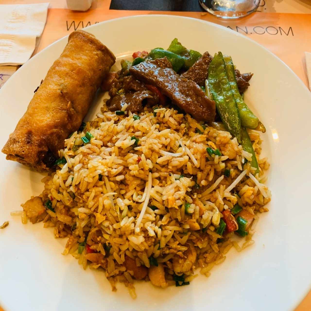 Arroz Frito Especial, Lumpias y Carne de Res en salsa de Ostion