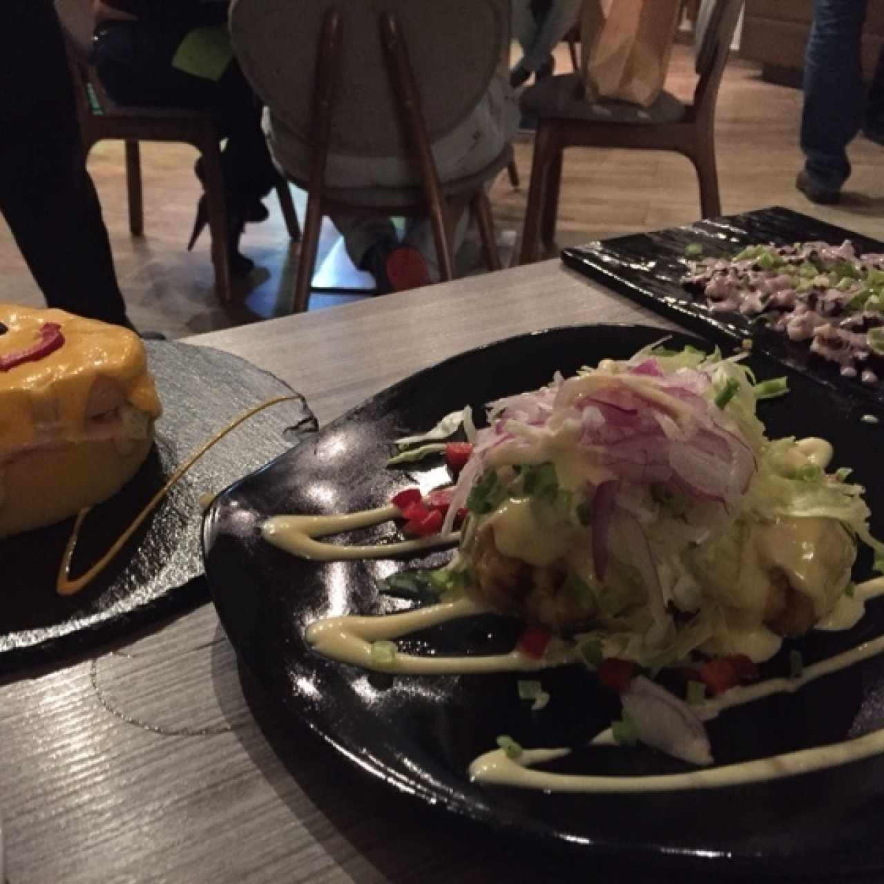 ceviche frito, causa de camaron y pulpo al olivo