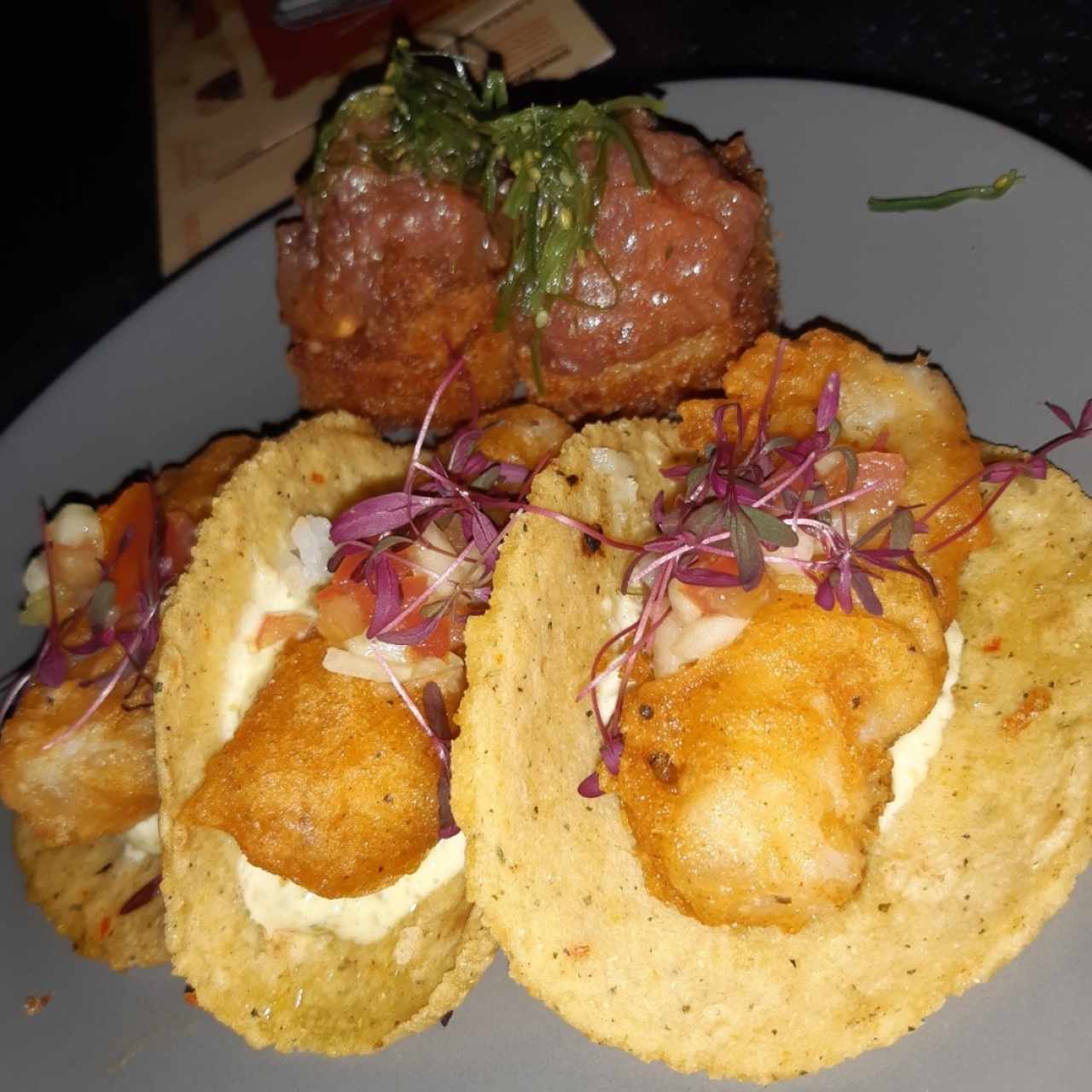 fish tacos and tuna tartar