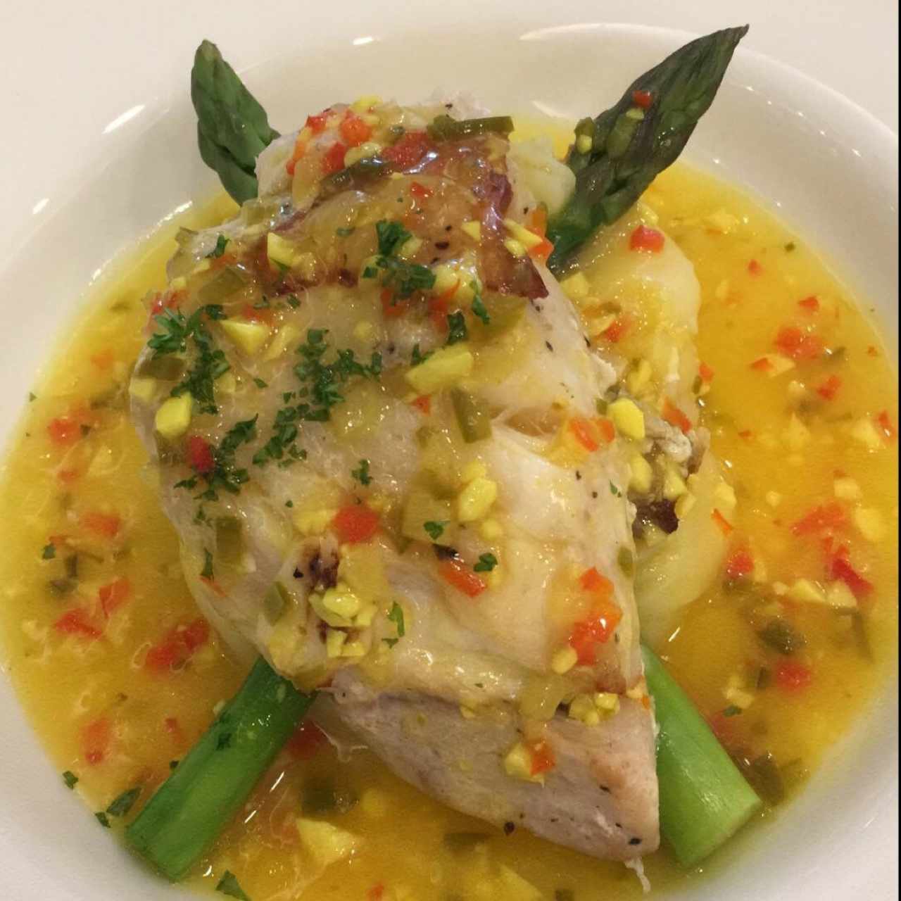 Lomo de Corvina con puré de papas en salsa de ajillo