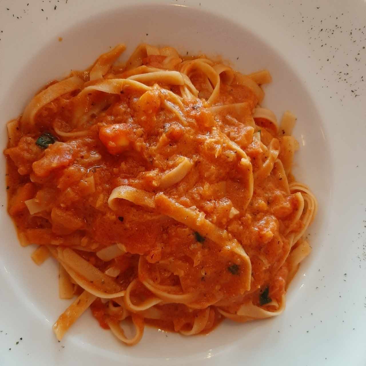 Fertuccine en salsa Aurora con tomates frescos y un toque de albahaca 