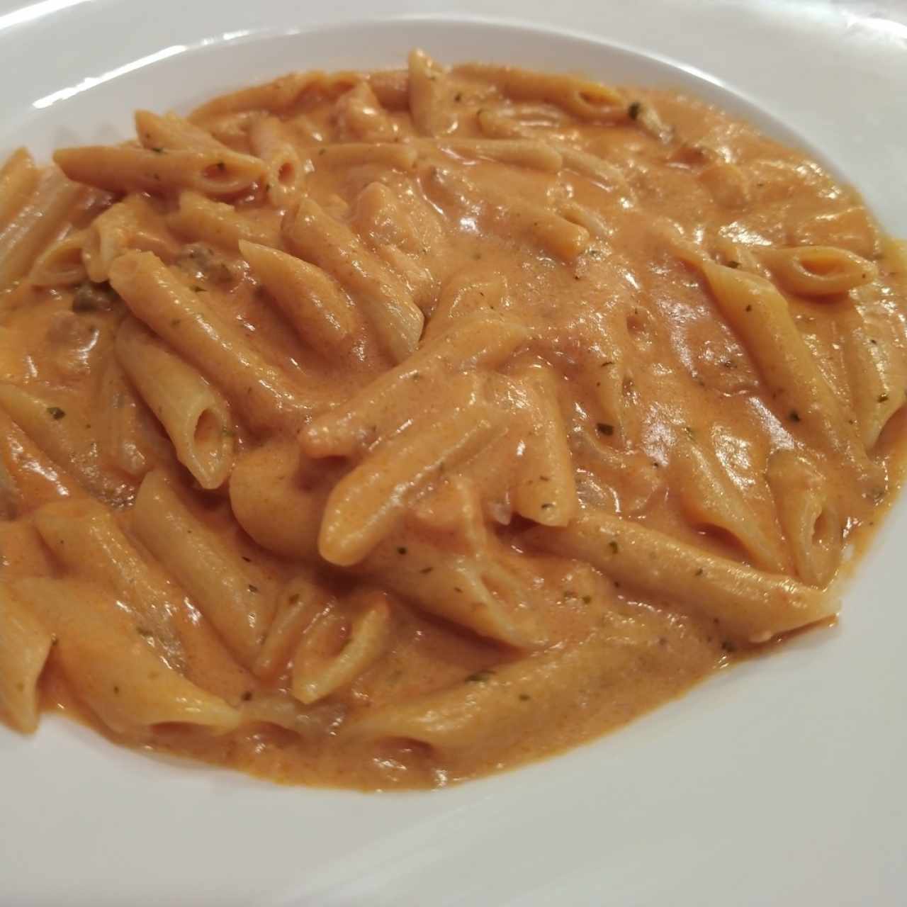 Penne en salsa aurora, con Salmón y vodka