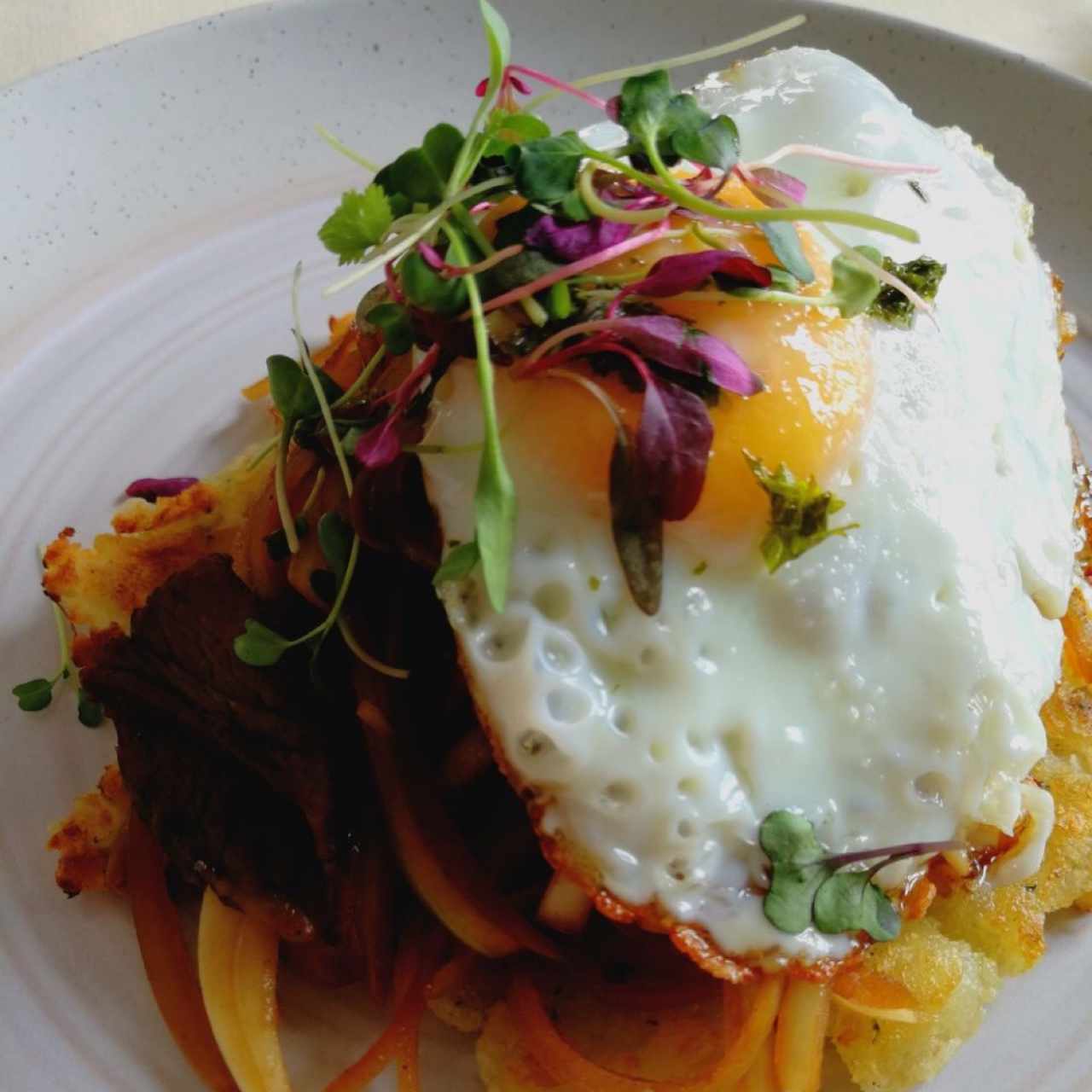 Entraña encebollada con hash de yuca