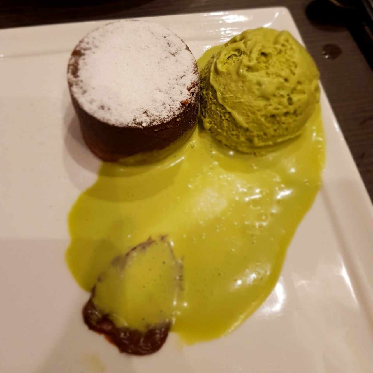 CHOCOLATE LAVA CAKE WITH GREEN TEA ICE CREAM