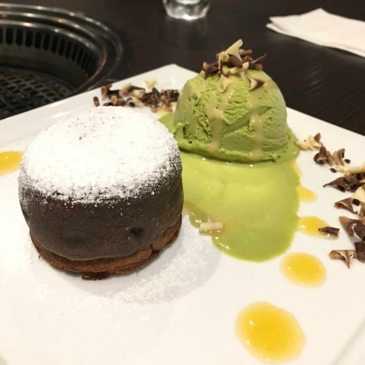 CHOCOLATE LAVA CAKE WITH GREEN TEA ICE CREAM