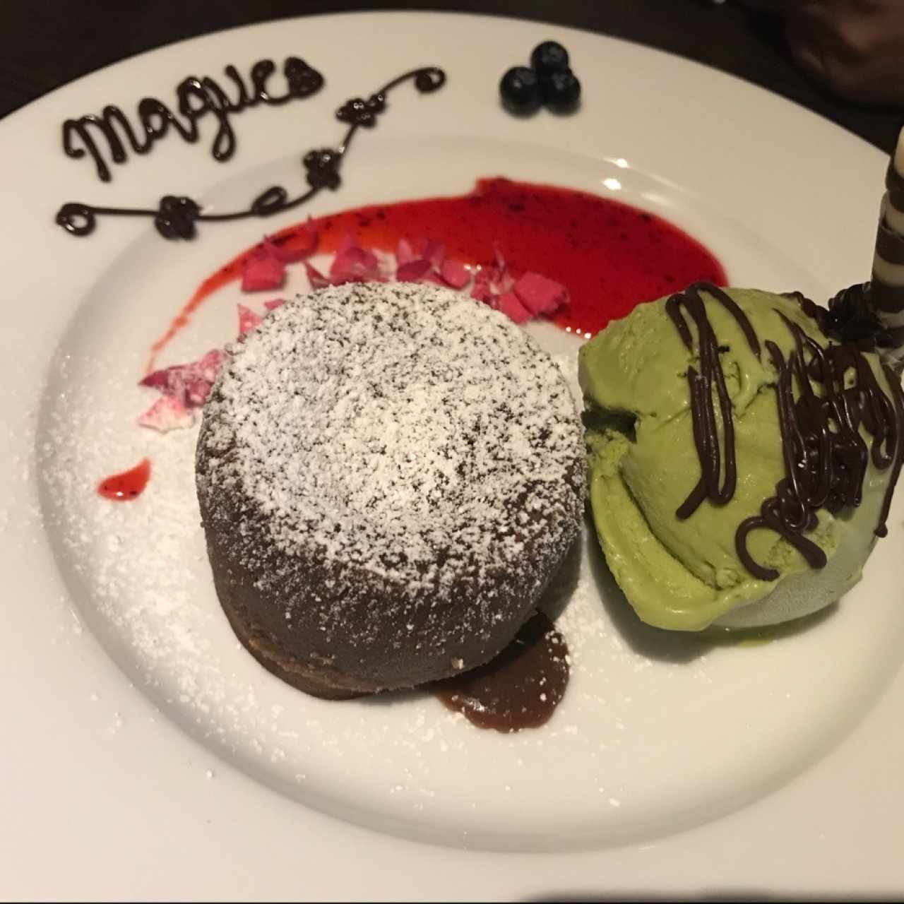 CHOCOLATE LAVA CAKE WITH GREEN TEA ICE CREAM