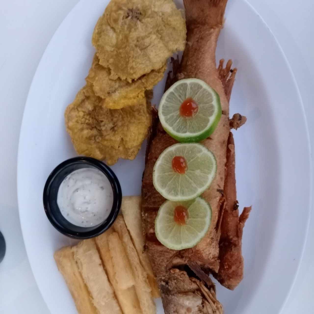 Pescado con yuca y patacones 