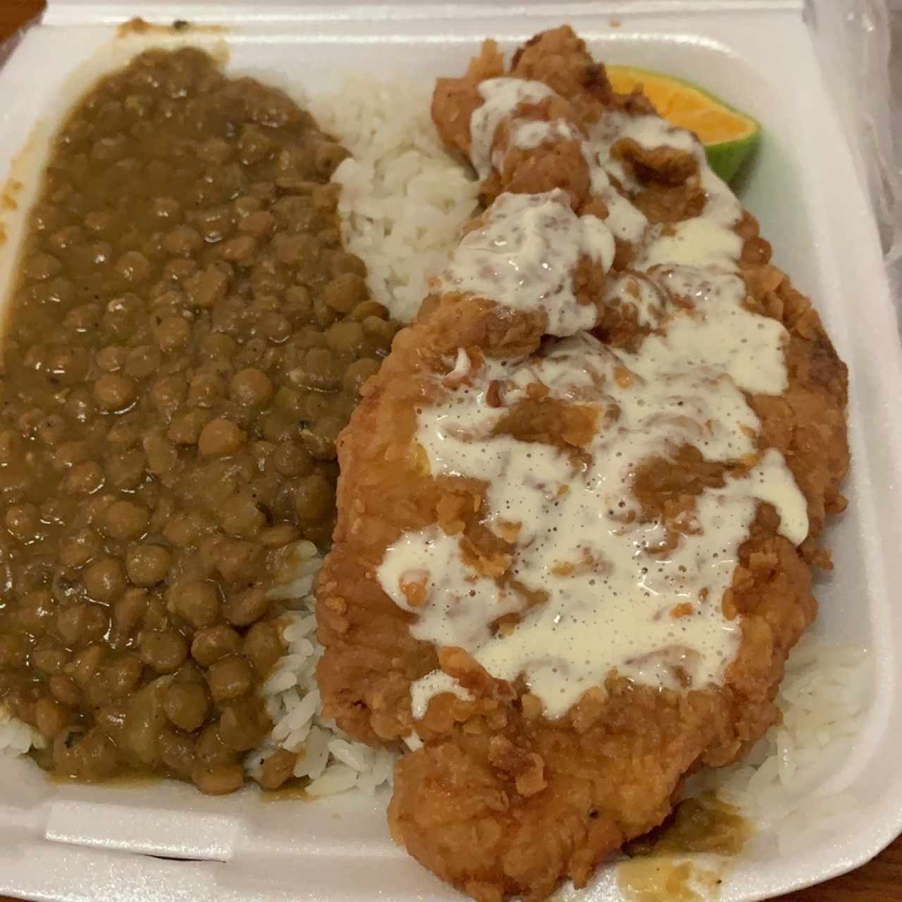 arroz con lentejas y filete de pescado apanado con salsa tartara