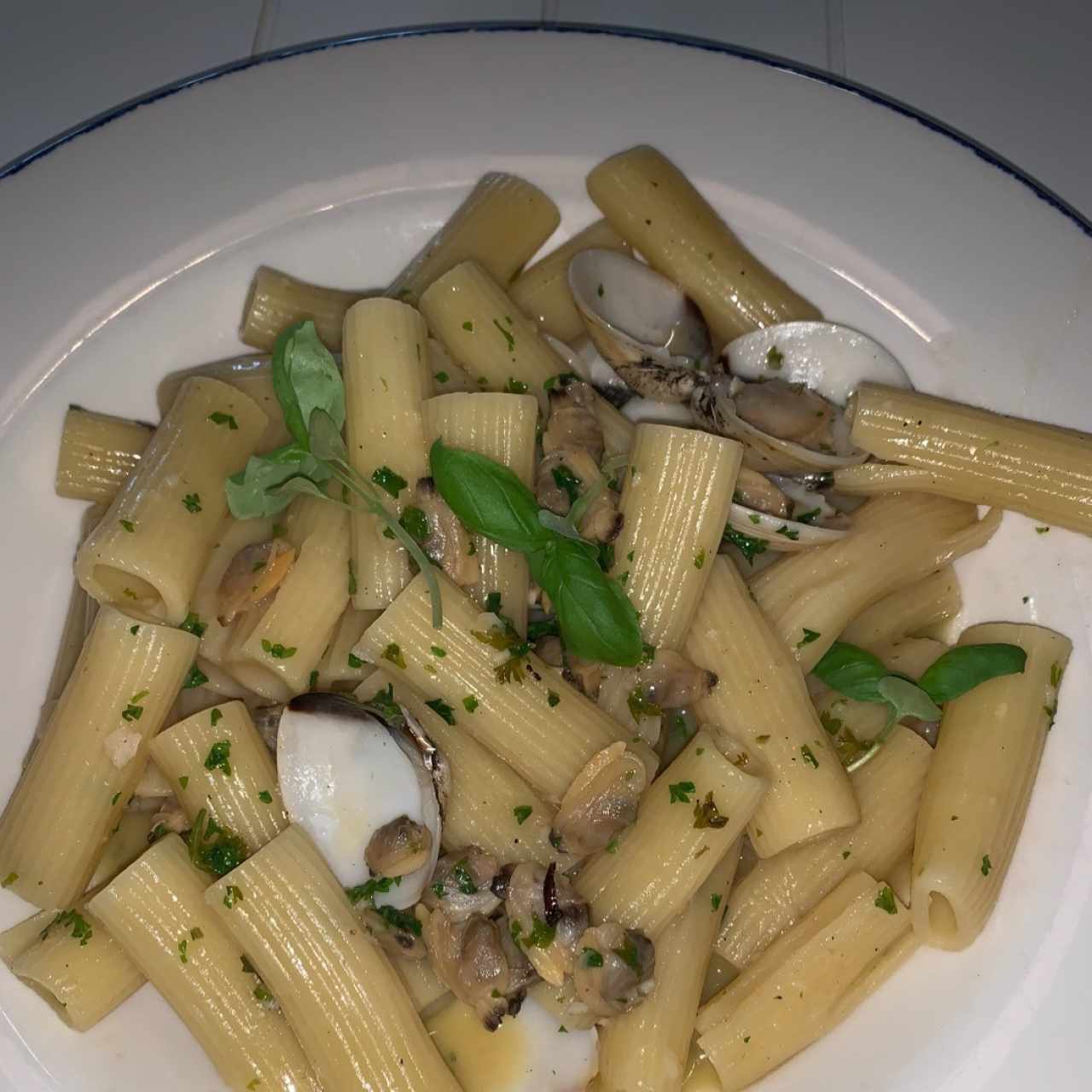 pasta corta con salsa de almejas