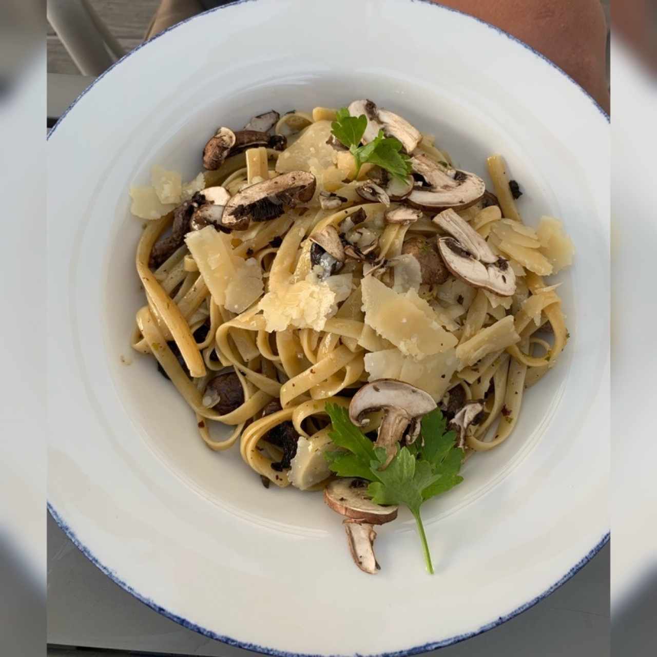 Fetuccini Aglio, Olio,Funghi con extra de carne