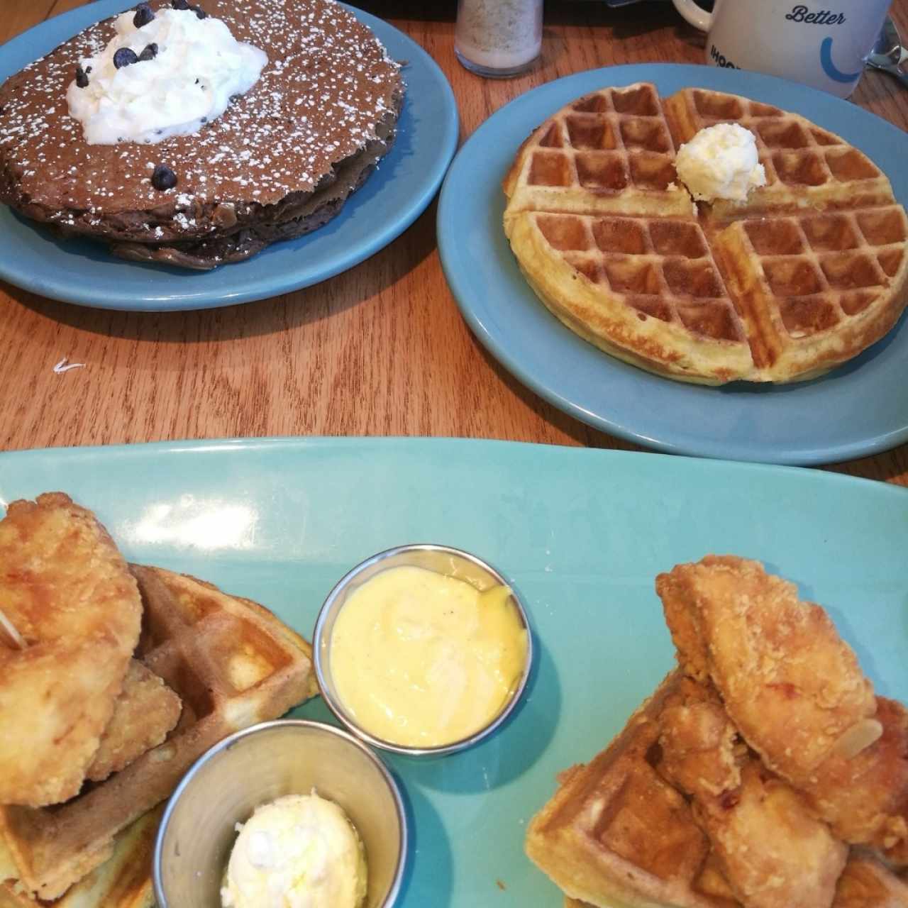 Chicken n waffles, pancakes triple chocolate😍