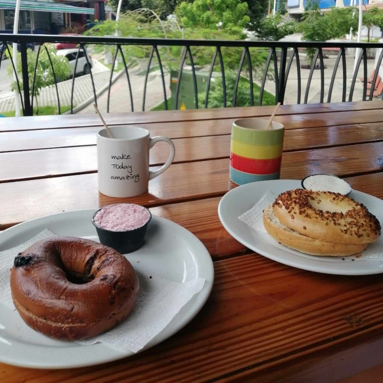 Chocolate Bagel and Garlic Bagel with cream cheese