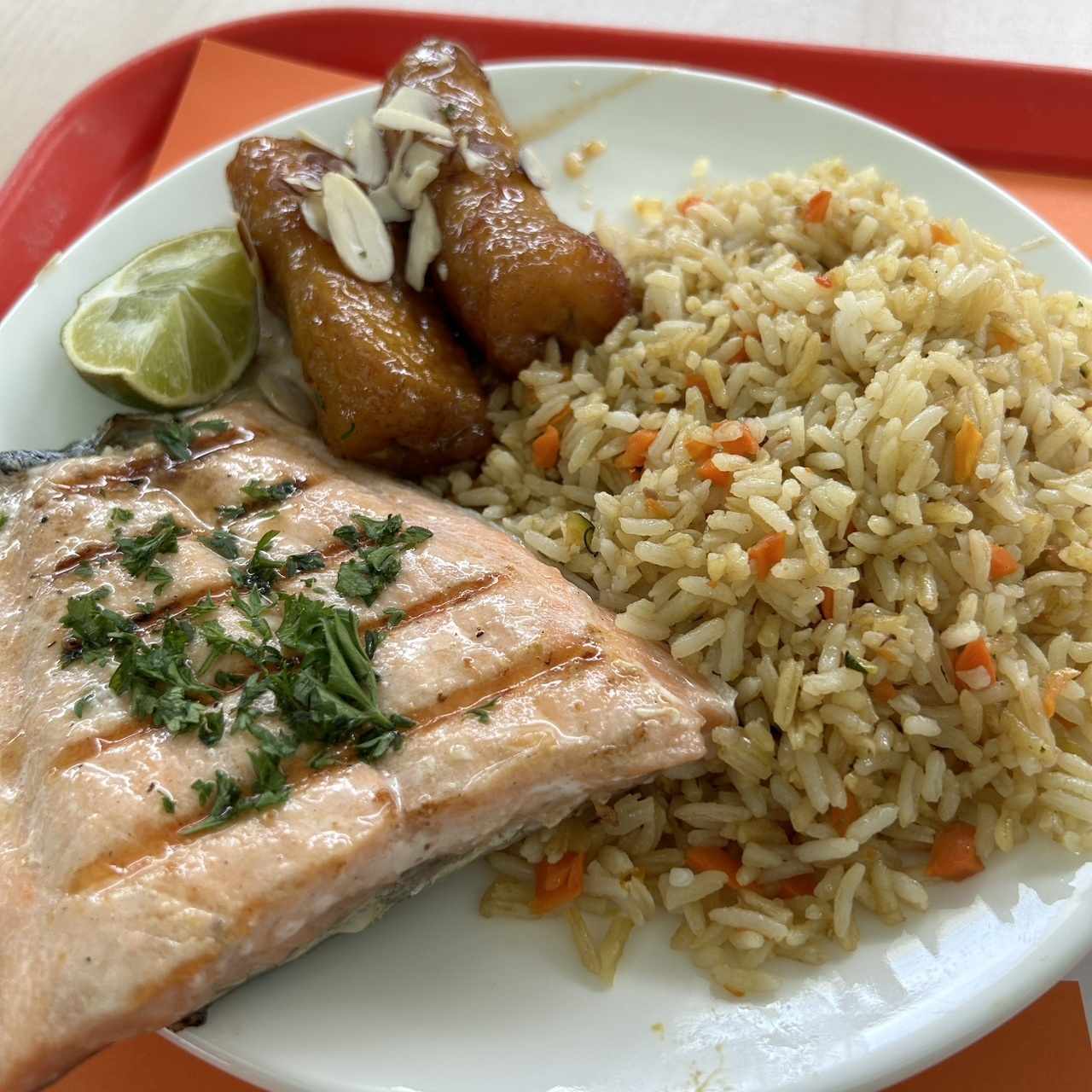 Salmon, arroz y plátano. 