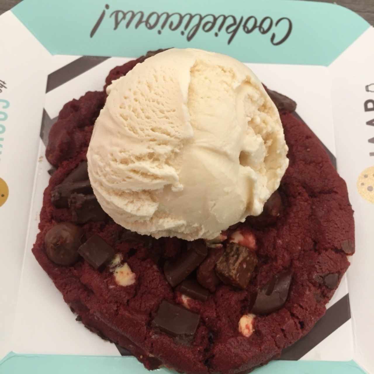 red velvet cookie with vanilla ice cream