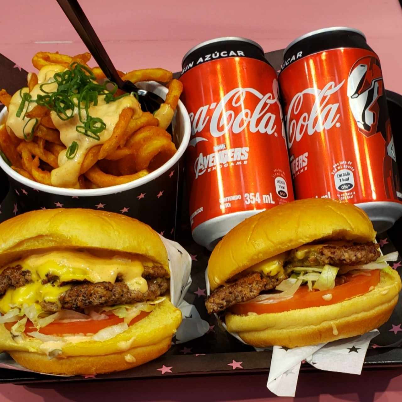 Hamburguesa Doble y Hamburguesa Sencilla con Curly Fries