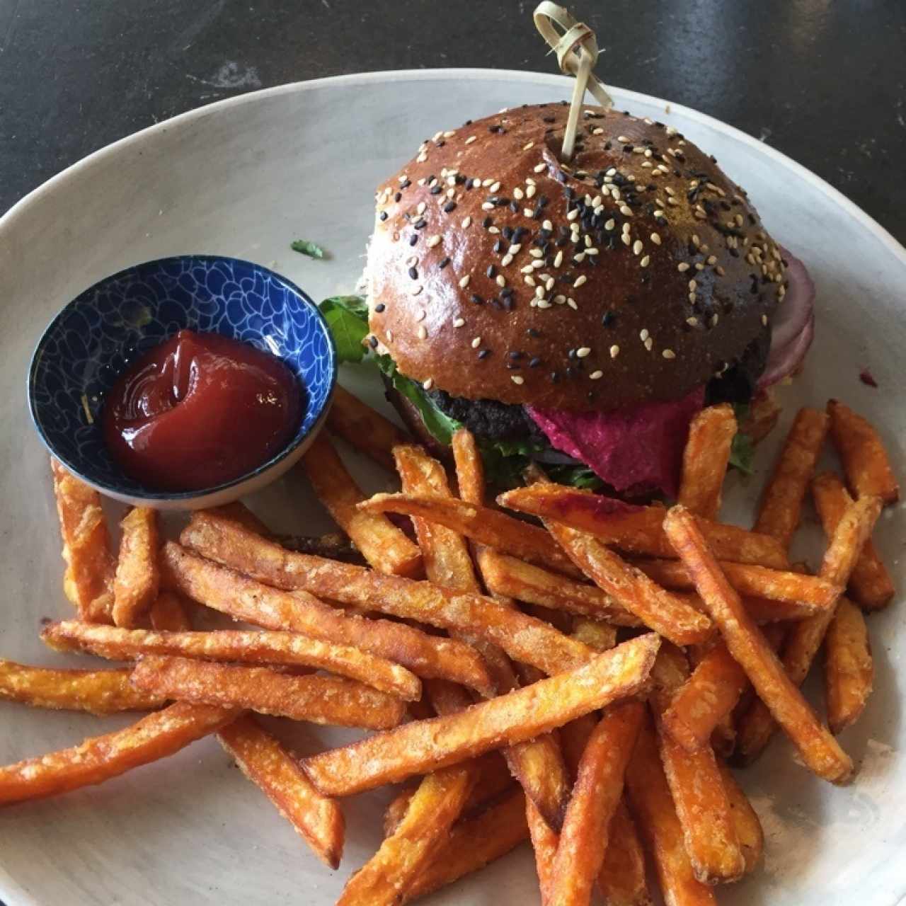 Veggie burger w/sweet potato fries