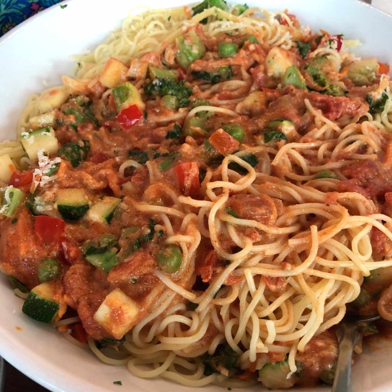 capellini con five cheese marinara and garden veggies