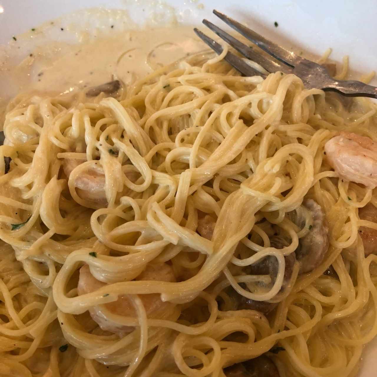 Pasta con camarones en crema de hongos