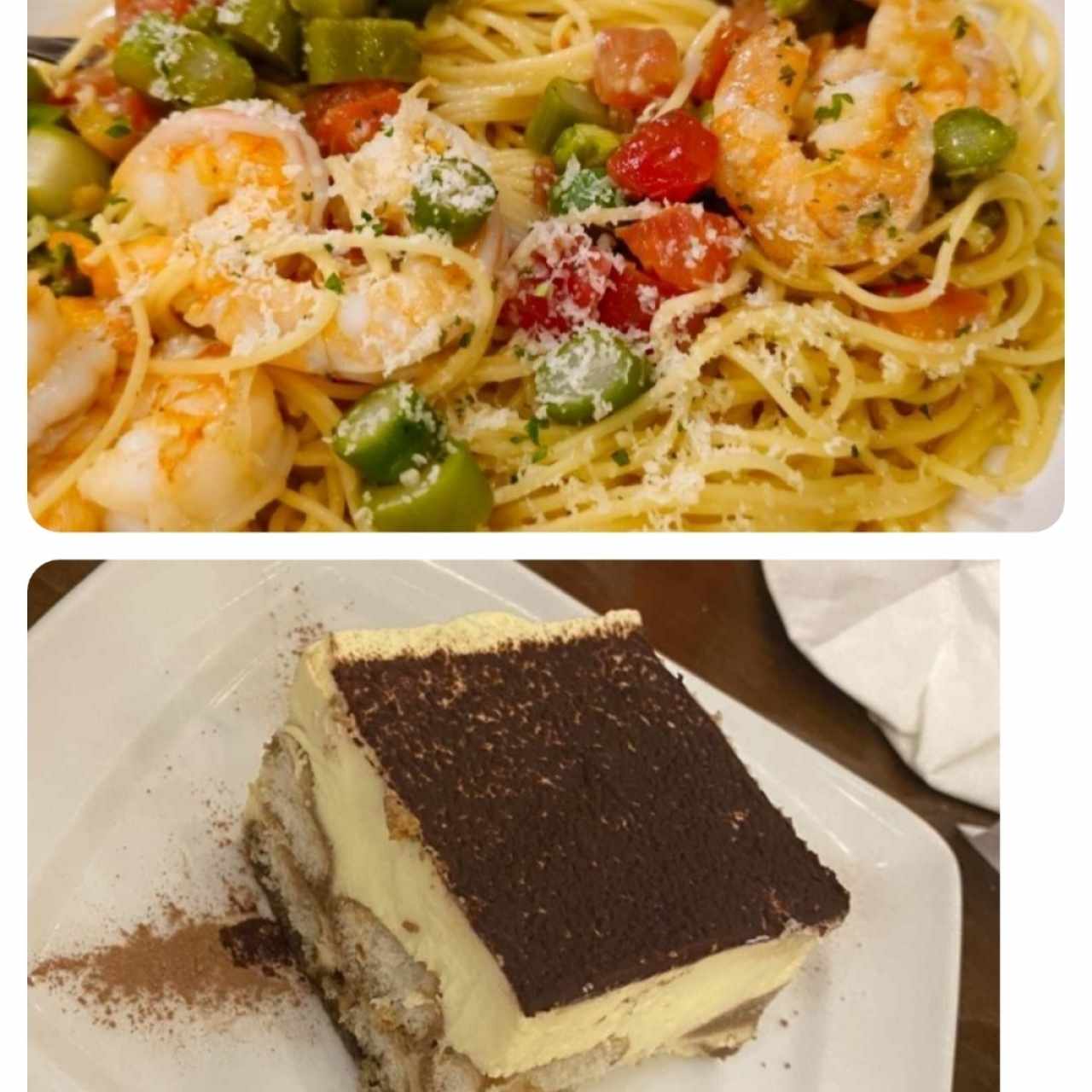 pasta clásica y tiramisu