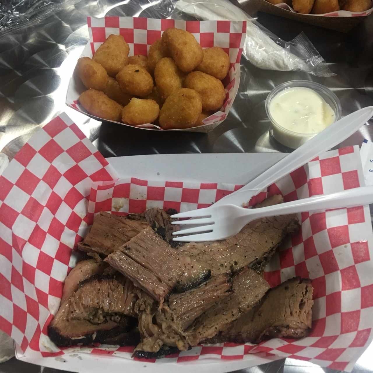 brisket con corn nuggets