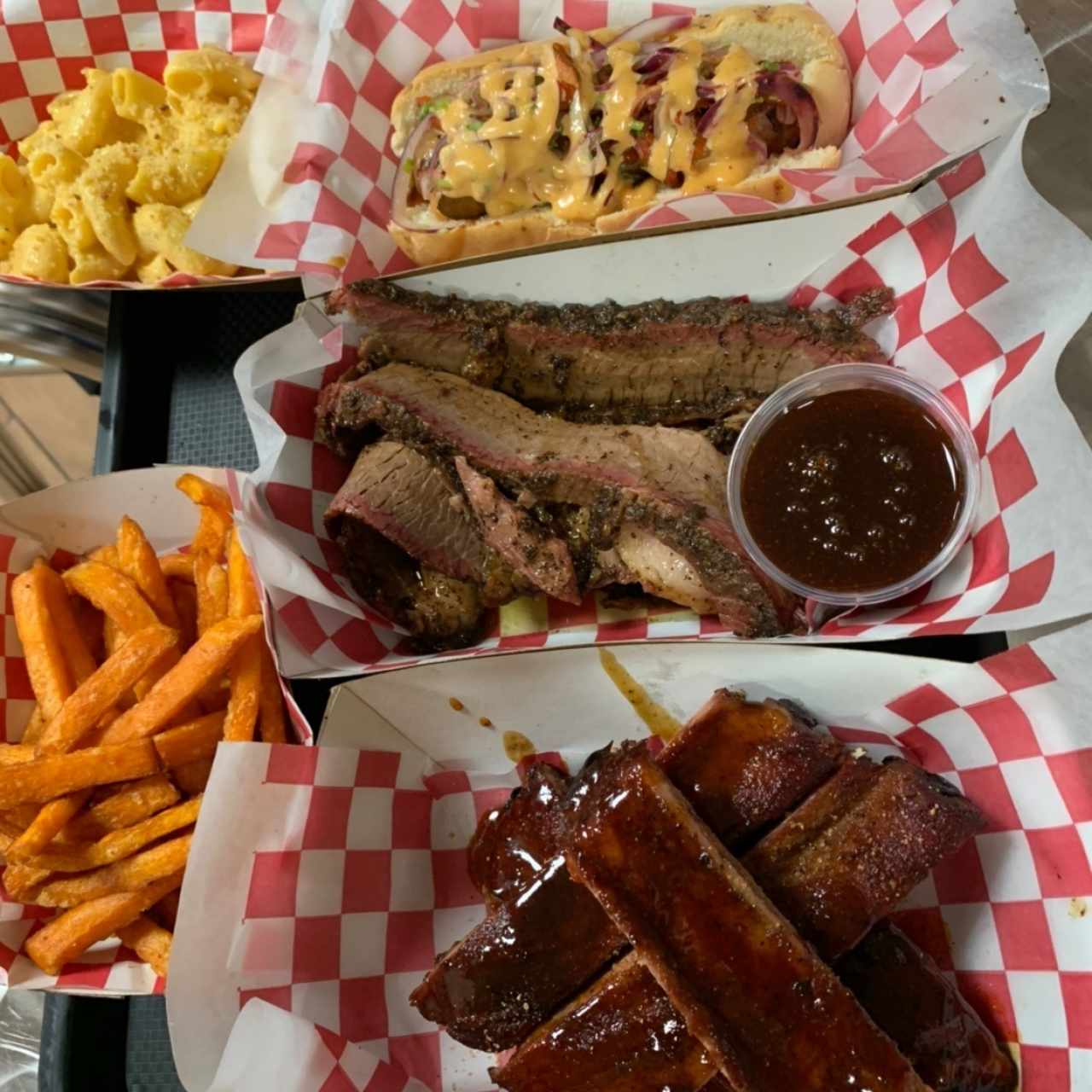 pork ribs, brisket, choripan